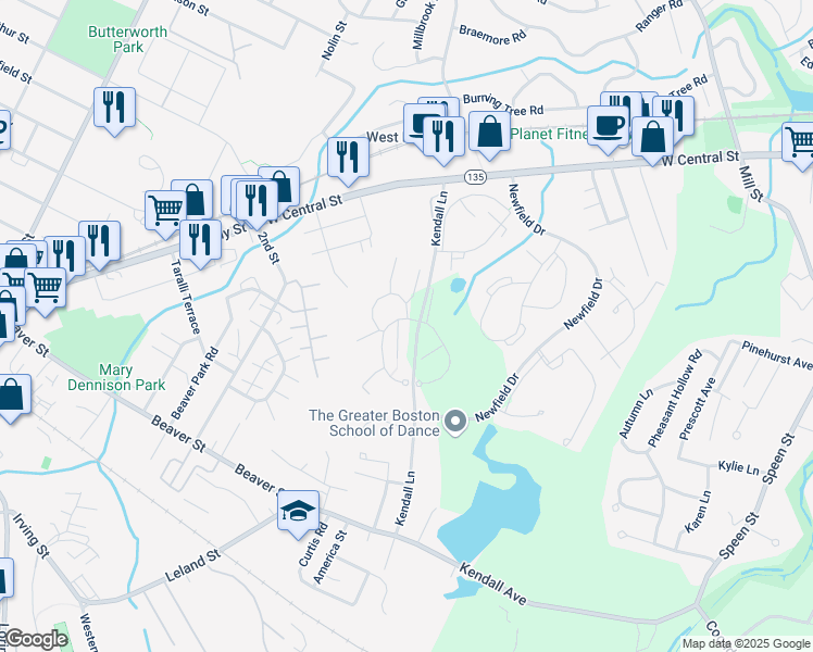map of restaurants, bars, coffee shops, grocery stores, and more near 2 Village Hill Lane in Natick