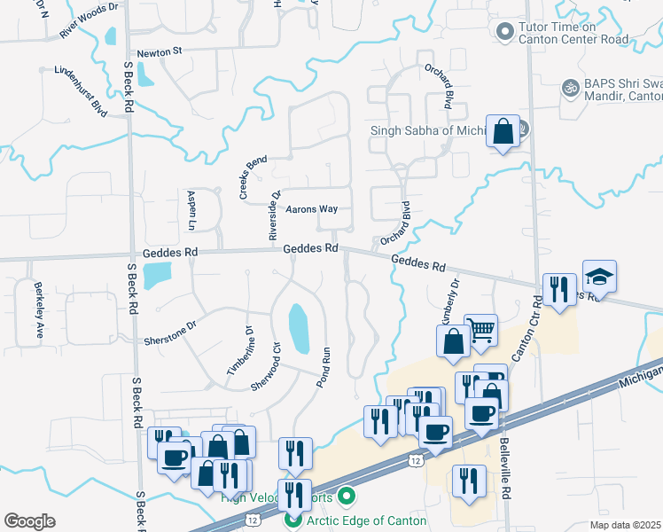 map of restaurants, bars, coffee shops, grocery stores, and more near 4001 Pond Run Court in Canton
