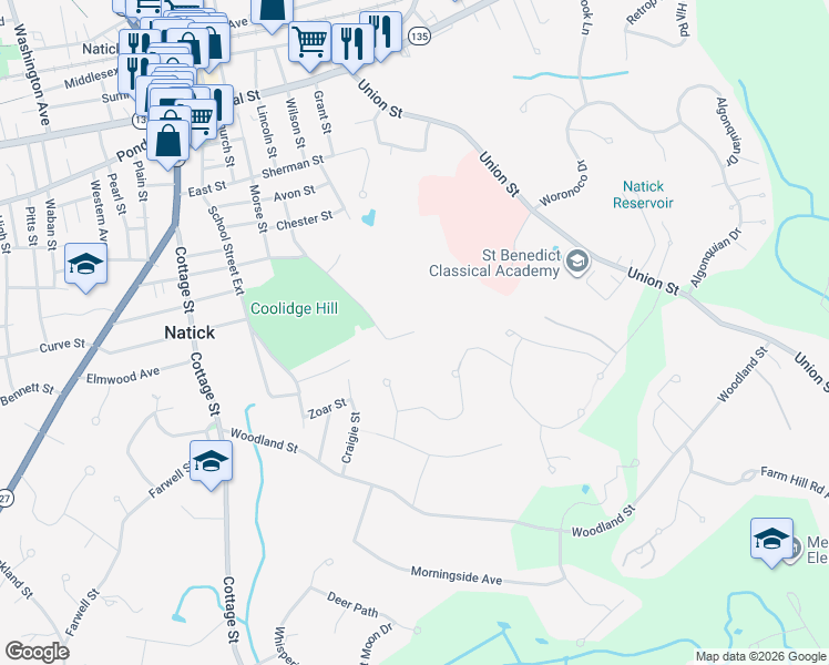 map of restaurants, bars, coffee shops, grocery stores, and more near 77 Lincoln Street Extension in Natick