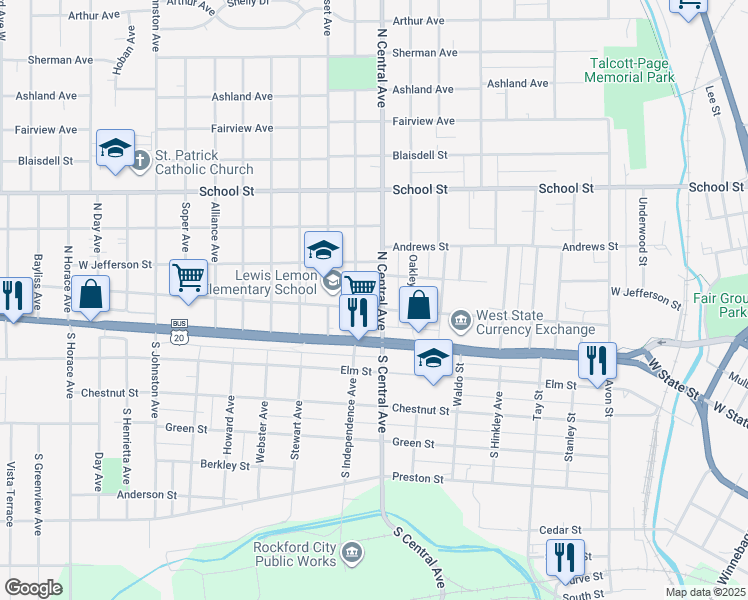 map of restaurants, bars, coffee shops, grocery stores, and more near 208 North Central Avenue in Rockford
