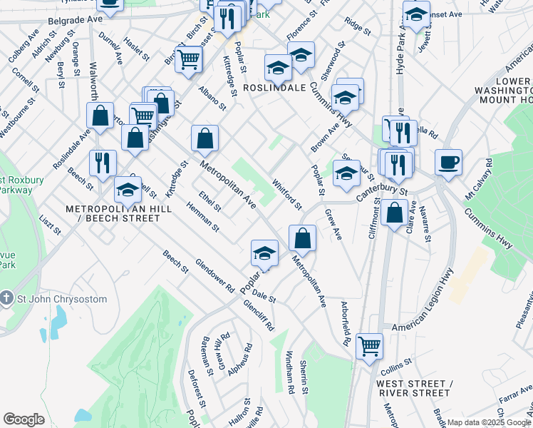 map of restaurants, bars, coffee shops, grocery stores, and more near 218 Metropolitan Avenue in Boston