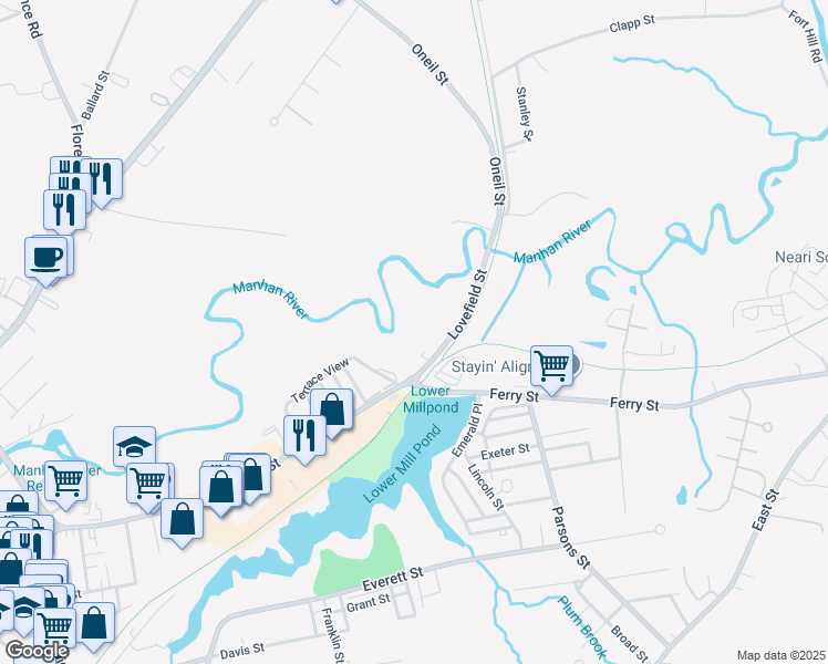 map of restaurants, bars, coffee shops, grocery stores, and more near 13 Lovefield Street in Easthampton
