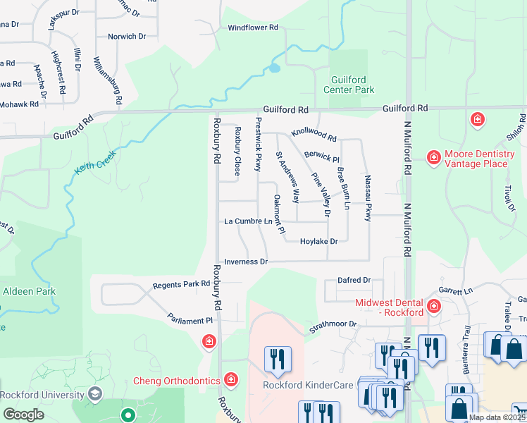 map of restaurants, bars, coffee shops, grocery stores, and more near 907 Prestwick Parkway in Rockford