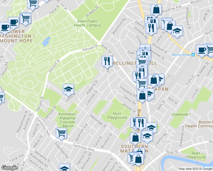 map of restaurants, bars, coffee shops, grocery stores, and more near 37 Itasca Street in Boston
