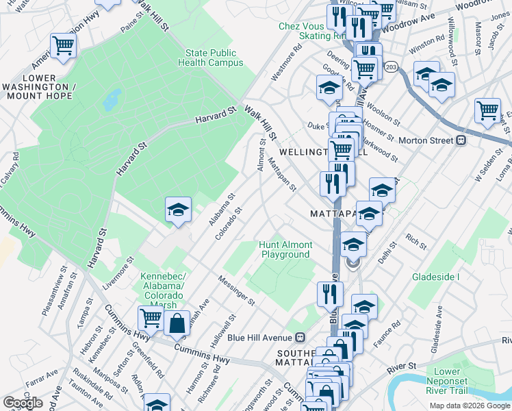 map of restaurants, bars, coffee shops, grocery stores, and more near 37 Itasca Street in Boston