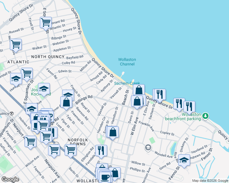 map of restaurants, bars, coffee shops, grocery stores, and more near 677 Quincy Shore Drive in Quincy