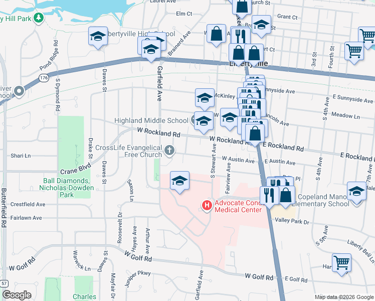 map of restaurants, bars, coffee shops, grocery stores, and more near 526 Oak Street in Libertyville