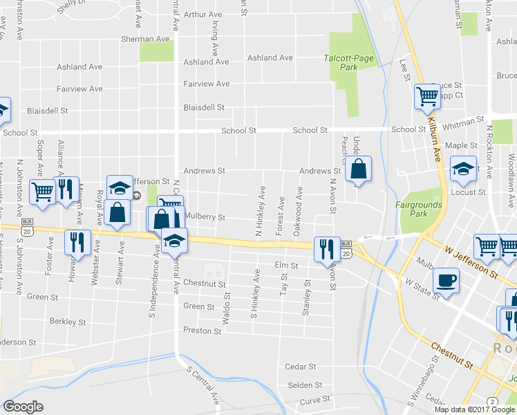 map of restaurants, bars, coffee shops, grocery stores, and more near 216 North Hinkley Avenue in Rockford