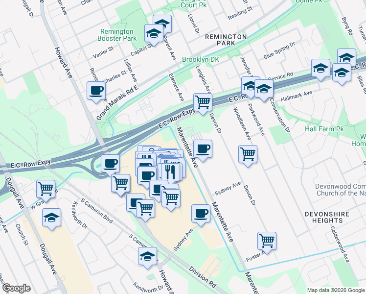 map of restaurants, bars, coffee shops, grocery stores, and more near 3033 Marentette Avenue in Windsor
