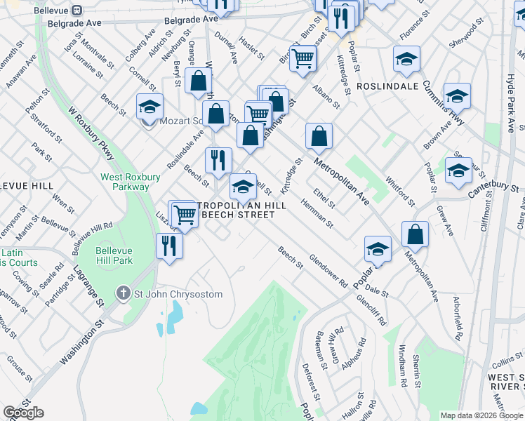 map of restaurants, bars, coffee shops, grocery stores, and more near 311 Kittredge Street in Boston