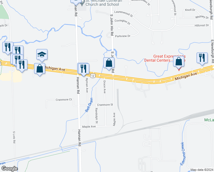 map of restaurants, bars, coffee shops, grocery stores, and more near 4005 Grace Avenue in Wayne