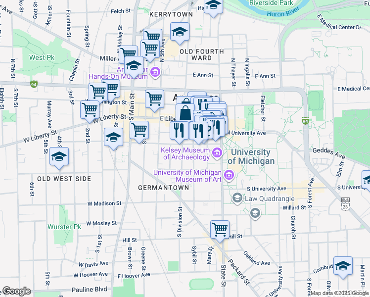 map of restaurants, bars, coffee shops, grocery stores, and more near 408 Thompson Street in Ann Arbor