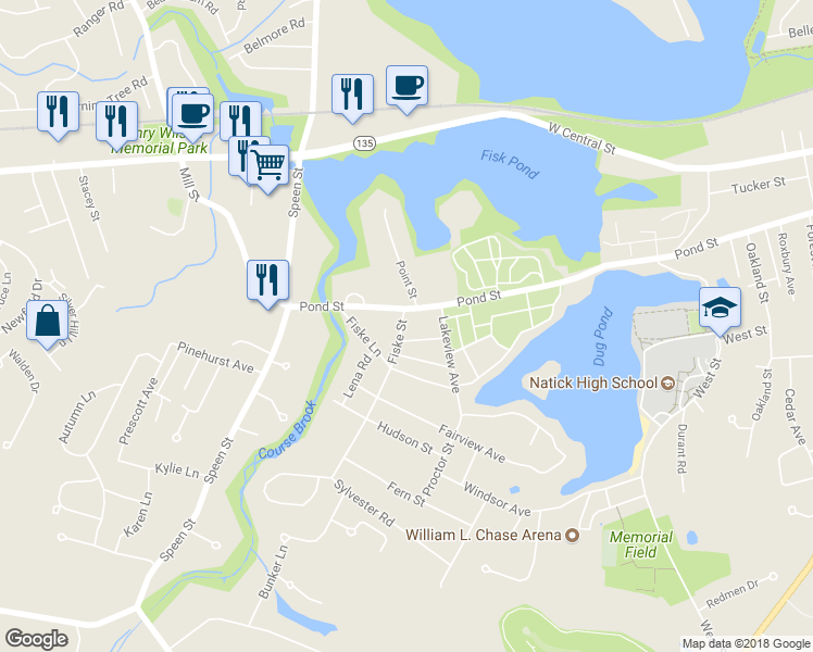 map of restaurants, bars, coffee shops, grocery stores, and more near 6 Fiske Street in Natick