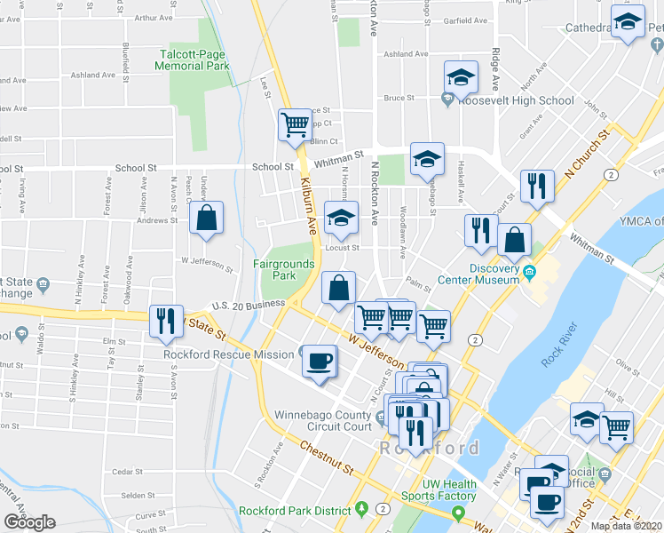 map of restaurants, bars, coffee shops, grocery stores, and more near 426 North Horsman Street in Rockford