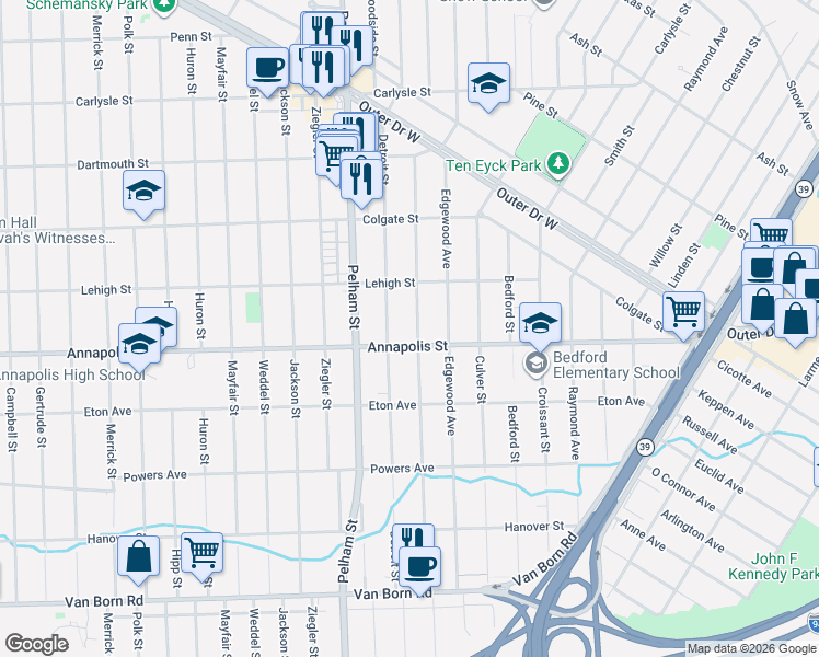 map of restaurants, bars, coffee shops, grocery stores, and more near 4494 Kingston Street in Dearborn Heights
