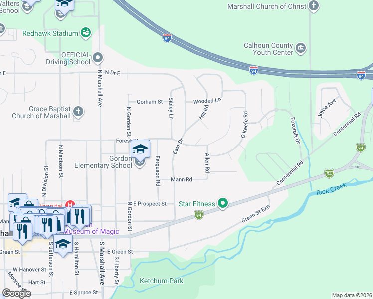 map of restaurants, bars, coffee shops, grocery stores, and more near 820 Forest Street in Marshall