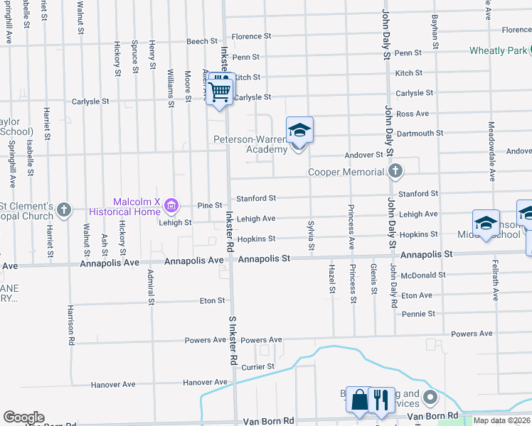 map of restaurants, bars, coffee shops, grocery stores, and more near 27218 Lehigh Street in Inkster