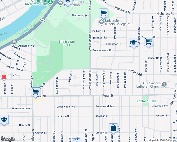 map of restaurants, bars, coffee shops, grocery stores, and more near 2215 Guilford Road in Rockford
