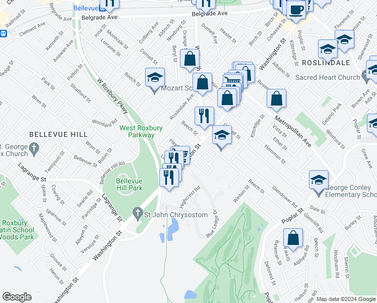 map of restaurants, bars, coffee shops, grocery stores, and more near 4577 Washington Street in Boston