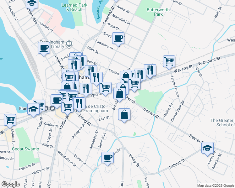 map of restaurants, bars, coffee shops, grocery stores, and more near 11 Blandin Avenue in Framingham