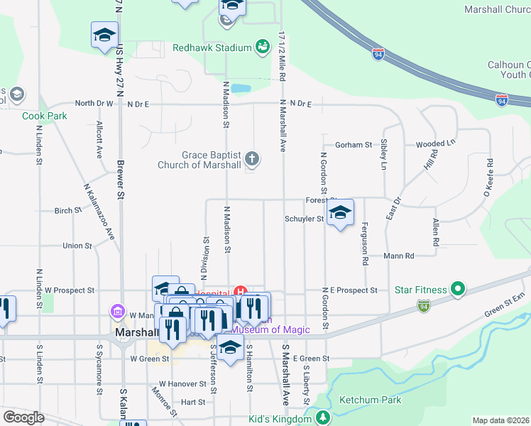 map of restaurants, bars, coffee shops, grocery stores, and more near 420 High Street in Marshall