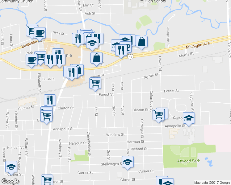 map of restaurants, bars, coffee shops, grocery stores, and more near 4099 3rd Street in Wayne