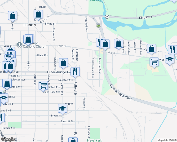 map of restaurants, bars, coffee shops, grocery stores, and more near 1913 East Stockbridge Avenue in Kalamazoo