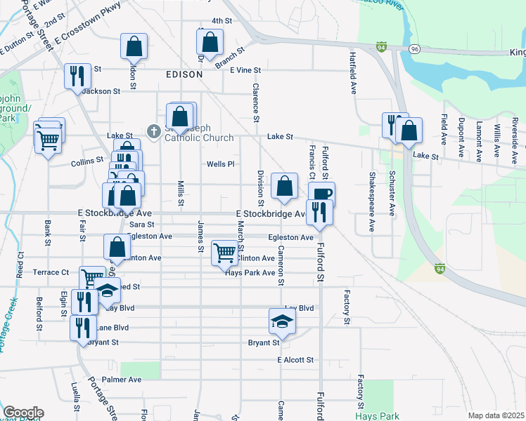 map of restaurants, bars, coffee shops, grocery stores, and more near 1507 East Stockbridge Avenue in Kalamazoo