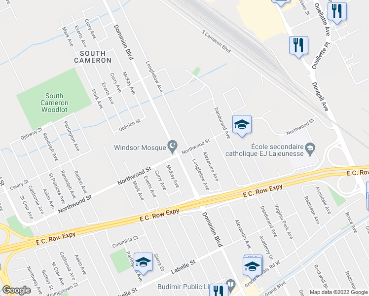 map of restaurants, bars, coffee shops, grocery stores, and more near 1234 Northwood Street in Windsor