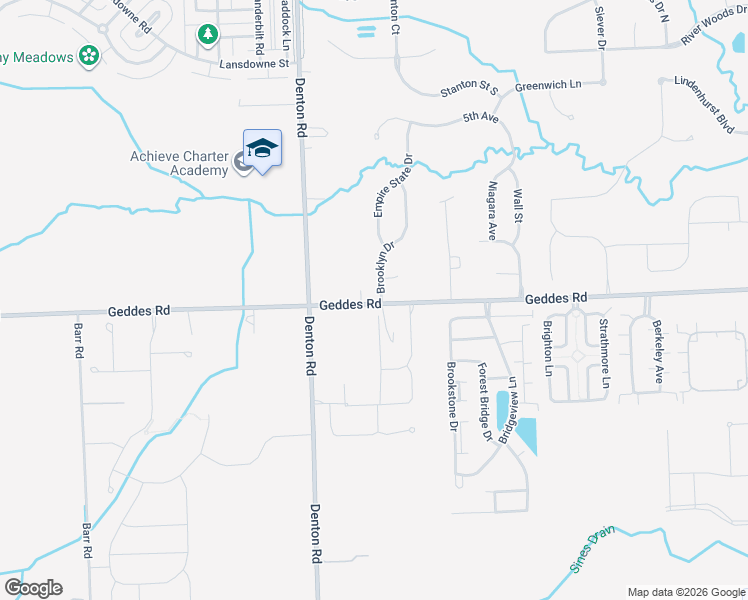 map of restaurants, bars, coffee shops, grocery stores, and more near 49030 Geddes Road in Wayne County