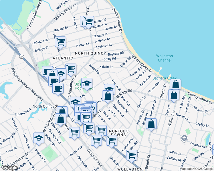 map of restaurants, bars, coffee shops, grocery stores, and more near 100 Faxon Road in Quincy