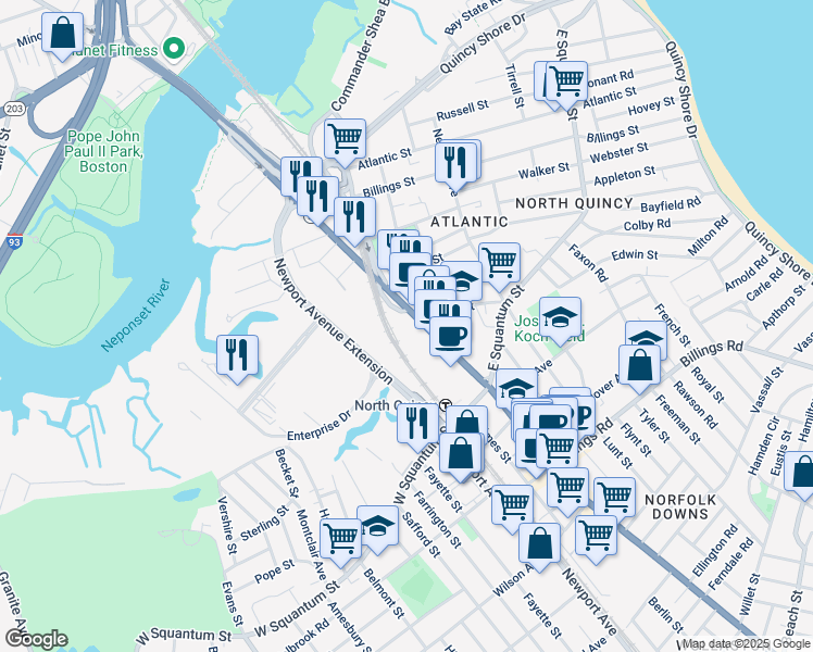 map of restaurants, bars, coffee shops, grocery stores, and more near in Quincy