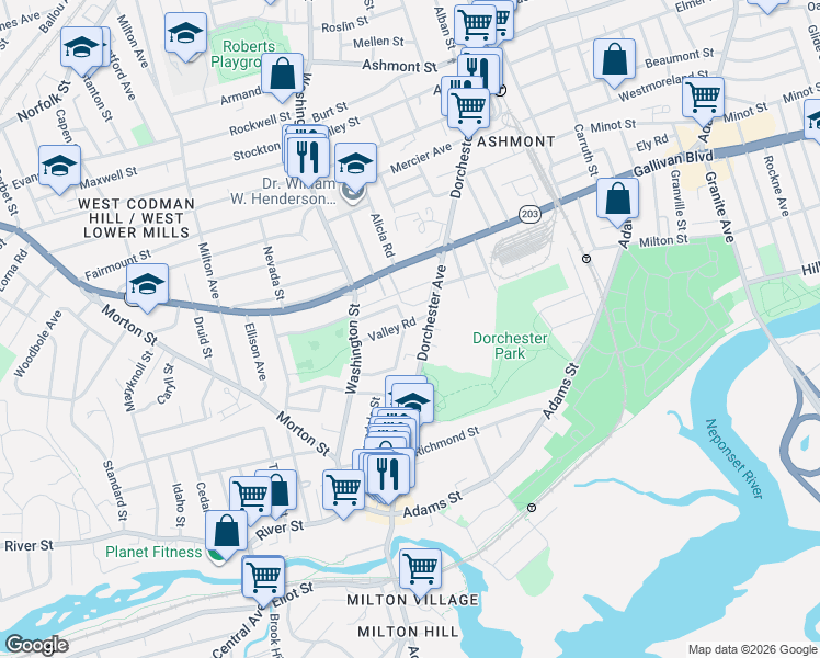 map of restaurants, bars, coffee shops, grocery stores, and more near 2139 Dorchester Avenue in Boston