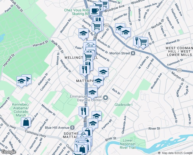 map of restaurants, bars, coffee shops, grocery stores, and more near 573 Norfolk Street in Boston