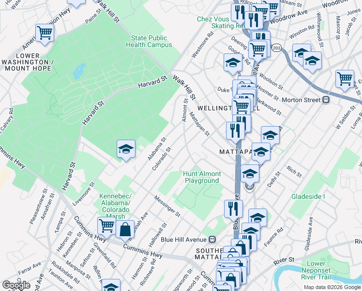 map of restaurants, bars, coffee shops, grocery stores, and more near 37 Itasca Street in Boston