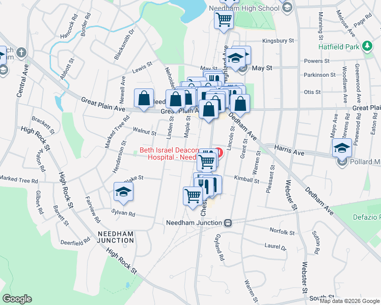 map of restaurants, bars, coffee shops, grocery stores, and more near 80 Maple Street in Needham