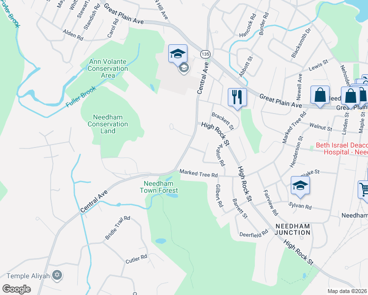 map of restaurants, bars, coffee shops, grocery stores, and more near 28 Bellevue Drive in Needham