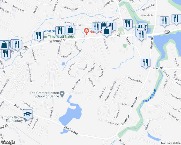 map of restaurants, bars, coffee shops, grocery stores, and more near 3 Post Oak Lane in Natick