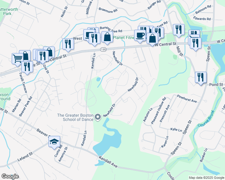 map of restaurants, bars, coffee shops, grocery stores, and more near 25 Woodbine Road in Natick