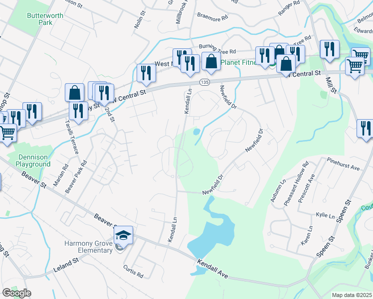 map of restaurants, bars, coffee shops, grocery stores, and more near 44 Village Brook Lane in Natick