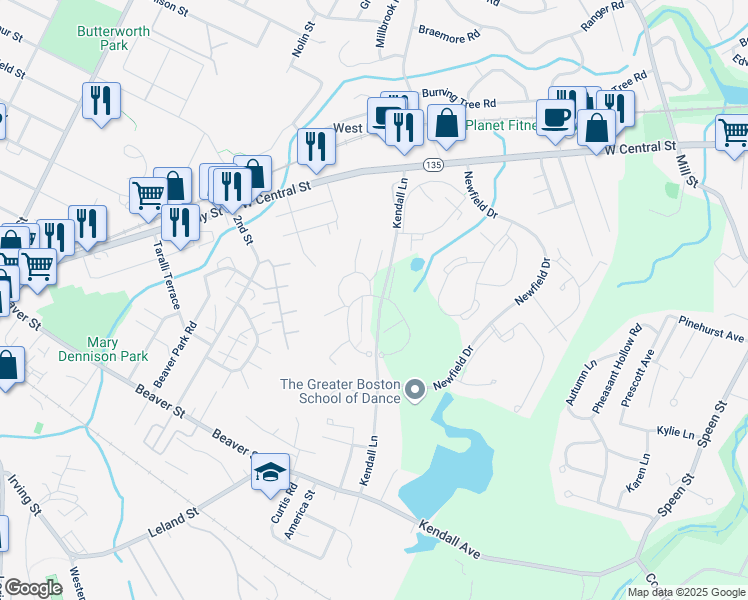 map of restaurants, bars, coffee shops, grocery stores, and more near 2 Village Hill Lane in Natick