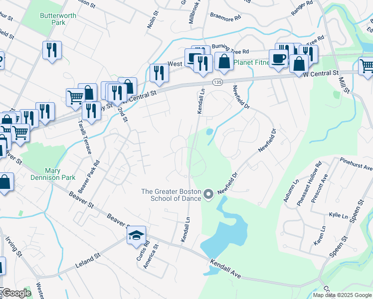 map of restaurants, bars, coffee shops, grocery stores, and more near 2 Village Hill Lane in Natick