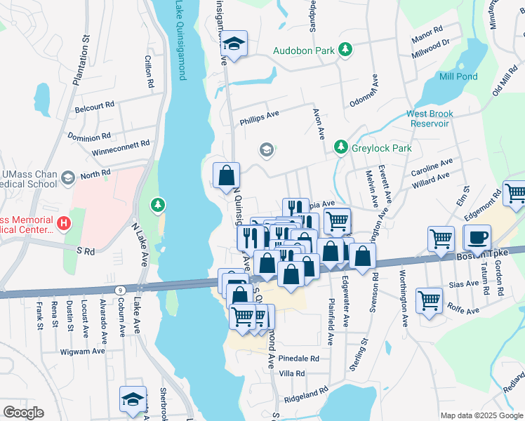 map of restaurants, bars, coffee shops, grocery stores, and more near 2 -6 Bagley Avenue in Shrewsbury