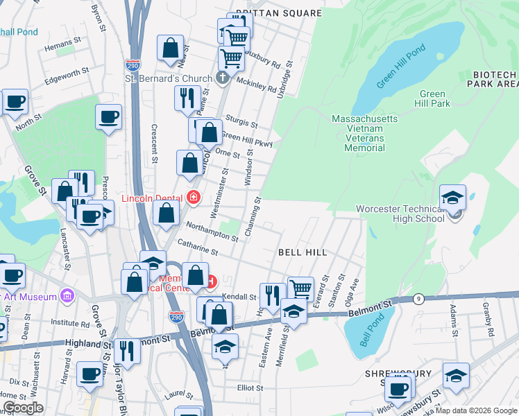 map of restaurants, bars, coffee shops, grocery stores, and more near 46 Channing Street in Worcester