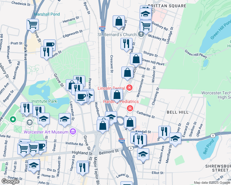 map of restaurants, bars, coffee shops, grocery stores, and more near 3 Frederick Street in Worcester