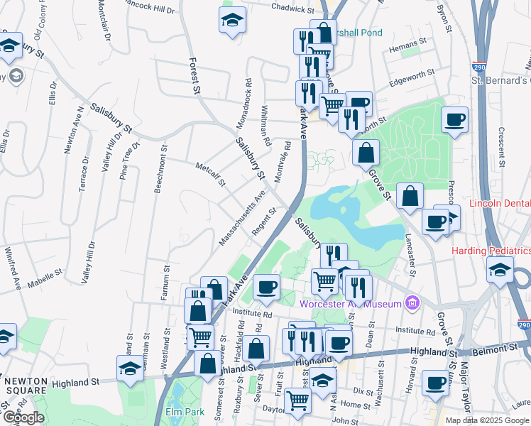 map of restaurants, bars, coffee shops, grocery stores, and more near 6 Regent Street in Worcester