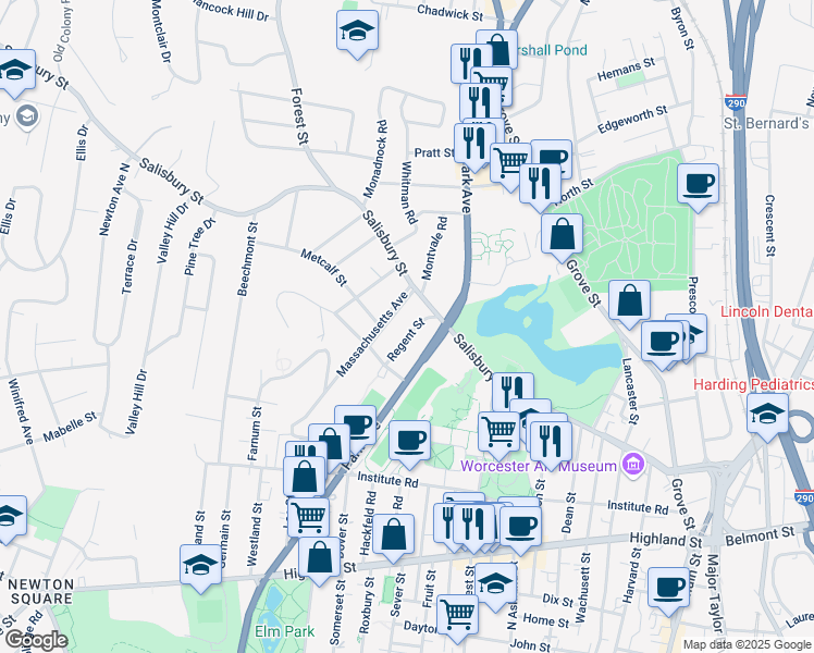 map of restaurants, bars, coffee shops, grocery stores, and more near 6 Regent Street in Worcester