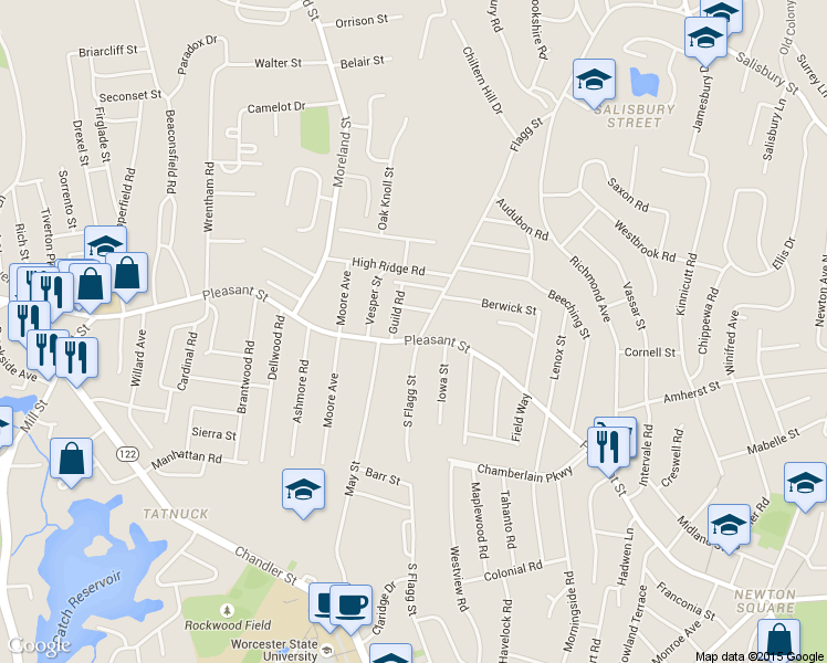 map of restaurants, bars, coffee shops, grocery stores, and more near 931 Pleasant Street in Worcester