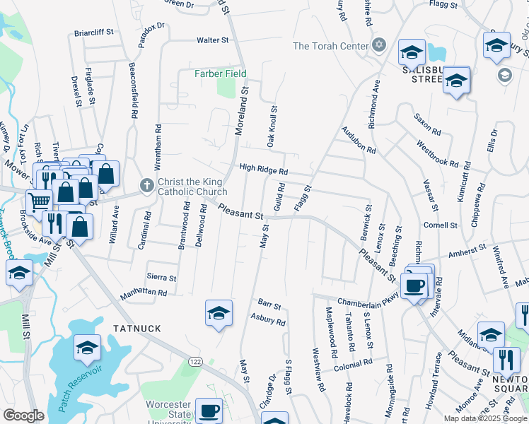 map of restaurants, bars, coffee shops, grocery stores, and more near 963 Pleasant Street in Worcester