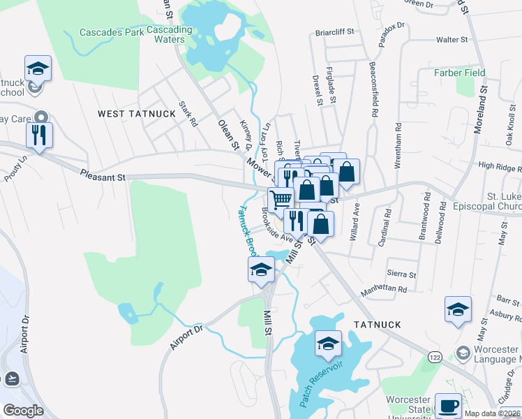 map of restaurants, bars, coffee shops, grocery stores, and more near 5 Mapleleaf Road in Worcester